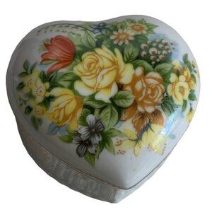 Vintage Floral Heart Trinket Box Porcelain 3.25"x2" Yellow & Red Roses Design